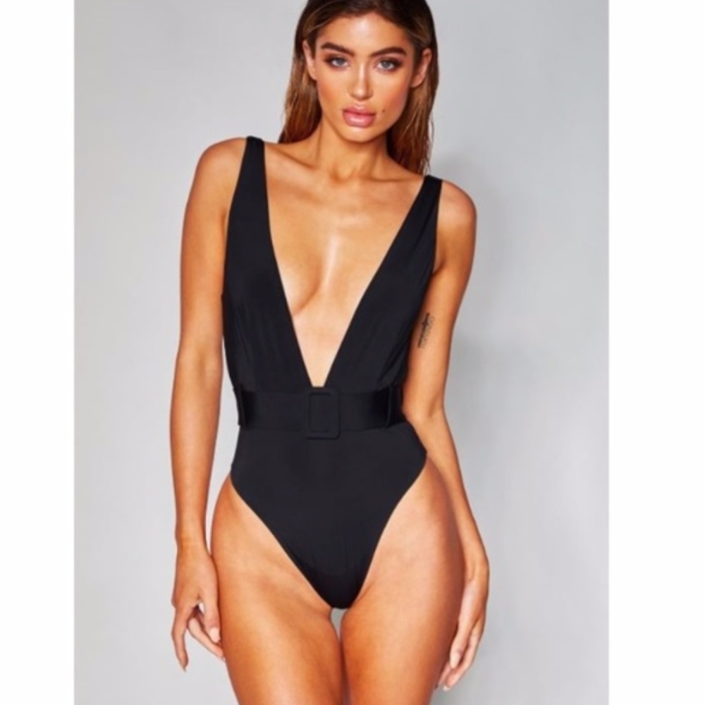 Black One Piece Belted Swimsuit